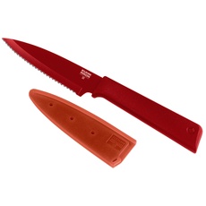 KUHN RIKON COLORI+ Rüstmesser gezackte Klinge mit Klingenschutz, antihaftbeschichtet, Edelstahl, 19 cm, rot