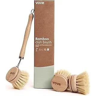 Vove Bambus-Spülbürste, - mit 3 Ersatzköpfen - Naturfaser-Borsten, plastikfrei & schadstofffrei - für Töpfe, Pfannen & Geschirr