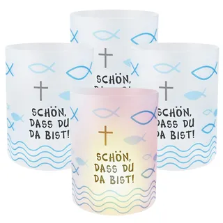 Faburo 12X Windlicht Fisch, Kommunion Deko Mini Tischlichter Kerzen Deko Firmung Deko Tischdeko ca. 8 x 10 cm, Fisch Lichthülle für Junge und Mädchen Kommunion Konfirmation Taufe Teelichter Taufe Deko
