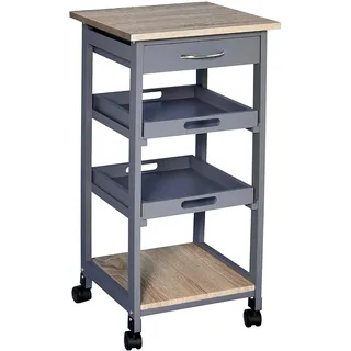Servierwagen Küchenwagen mit Rollen, 2 abnehmbare Tabletts, Schublade, Regal aus heller Eiche und grauer Kiefer - Grau, Braun