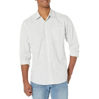 Amazon Essentials Herren Langärmeliges Business Hemd aus Popeline Normale Passform, Hellgrau Weiß Kariert, XXL