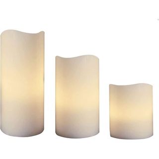 Brandsseller 3er Set LED Kerzen | Licht Warm Weiß | Flackernd | Outdoor | 5 Stunden Timer | Elfenbein | Ø 7,5 cm Höhen 10, 15 und 20 cm