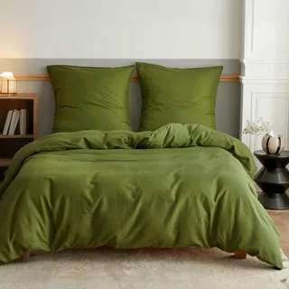 Simple&Opulence Halbleinen Bettwäsche 155x220, Atmungsaktiver Bettbezug Set aus Baumwolle und Leinen mit 80x80 cm Kissenbezug,Oeko-TEX Sommerbettwäsche 2tlg,Dunkelgrün