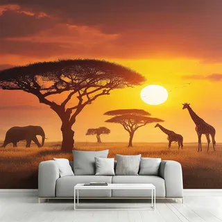 Generisch Tapete Afrikanischer Elefant Giraffe, Afrikanischer Sonnenuntergang Fototapete Wohnzimmer Schlafzimmer Tapeten, Vliestapete Wandtapete, Mustertapete Wanddeko 400x280 cm (B x H) Y&W65