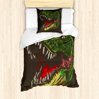 ABAKUHAUS Dinosaurier Mantele, Aggressive Wilde T-Rex, Milbensicher Allergiker geeignet mit Kissenbezügen, 135 cm x 200 cm - 80 x 80 cm, Dunkelbraun Farn-Grün