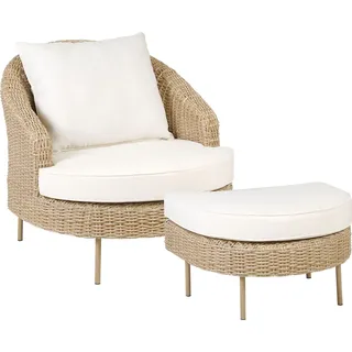BELIANI Gartensessel Naturfarben Rattan mit Fußhocker Armlehnen Auflagen Metallbeien Boho Design Outdoor Rattansessel Loungesessel Sitzmöbel - Beige, Weiß