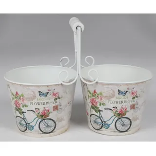 Doppel Übertopf Metall Holzhenkel Print Blumenkübel Pflanzenbox Gartendekoration