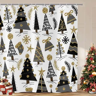 ASDCXZ Weihnachten Duschvorhang 180x200 cm, Glänzend Gold Deko Schwarz Weihnachtsbaum Schneeflocke Bad Waschbar Duschvorhänge Polyester Textil Wasserdicht Duschvorhang für Badewanne mit 12 Haken
