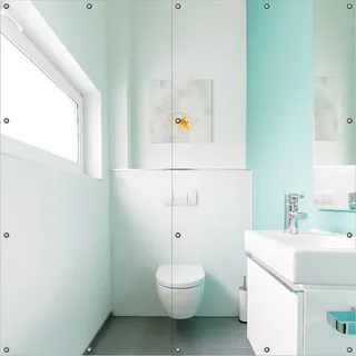 Wallario Outdoor-Poster für Garten oder Balkon, Motiv Badezimmer Gästetoilette Innenansicht - WC und Waschbecken, in ca. 180 x 180 cm - Türkis