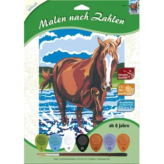MAMMUT 105050 - Malen nach Zahlen Tiermotiv, Pferd, Komplettset mit bedruckter Malvorlage im A4 Format, 7 Acrylfarben und Pinsel, Malset für Kinder ab 8 Jahre