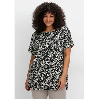 Longbluse SHEEGO, Damen, Gr. 44, schwarz (schwarz bedruckt), 100% Viskose, gemustert, Rundhals, Blusen Longbluse