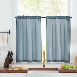 TOPICK Scheibengardinen modern Blau Bistrogardine 2er Set Leinenoptik Küchengardinen H90xB65 cm Küchenvorhänge Landhausstil Gardinen Küchenfenster Wohnzimmer