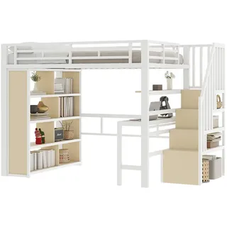 Stilvora Hochbett 140/200 cm in Weiß mit Schreibtisch, Regal, LED und Stauraumtreppe , Metall, Holzwerkstoff , 3 Fächer , 140x200 cm , Babymöbel & Kindermöbel, Kinderzimmer & Jugendzimmer, Kinderbetten, Hochbetten
