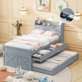 Flieks Jugendbett 90x190cm mit USB, Tagesbett Massivholzbett mit Ausziehbett, Einzelbett mit Lattenrost und 2 Schubladen, Klassisches Bett, Grau - Grau