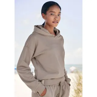 Hoodie LASCANA, Damen, Gr. 40/42, braun (hellbraun), Sweatware, Obermaterial: 100% Baumwolle, Strukturmuster, unifarben, Basic, bequem hüftbedeckend, breiter Bund, Sweatshirts Hoodie, aus organischer Baumwolle, Loungewear, Topseller