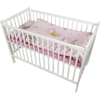 HAPPY 7 Teiliges Babybett Kinderbett und Bettwäsche komplett Set höhenverstellbar aus Massivholz für Neugeborene Babys und Kleinkinder (Rosa-Teddybär auf Leiter) - Rosa