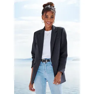 Jackenblazer LASCANA, Damen, Gr. 44, blau (marine, creme gestreift), Web, Obermaterial: 93% Polyester, 7% Elasthan. Futter: 100% Polyester, Nadelstreifen, figurumspielend hüftbedeckend, Blazer Jackenblazer, mit Nadelstreifen, Topseller