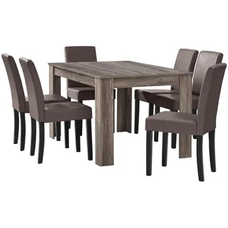 [en.casa] Esstisch Eiche antik mit 6 Stühlen braun Kunstleder gepolstert 140x90 Essgruppe Esszimmer, - Braun