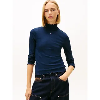 Langarmshirt TOMMY JEANS "TJW SLIM RIB LETTUCE EDGE LS", Damen, Gr. S (36), schwarz night navy, Single Jersey, Obermaterial: 95% Baumwolle, 5% Elasthan, unifarben, figurbetont, Shirts Langarmshirt, in gerippter Struktur