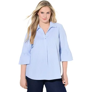 Ulla Popken Damen große Größen Übergrößen Plus Size Bluse, Streifen, A-Linie, Hemdkragen, 3/4-Arm hellblau 54+ 848502713-54+