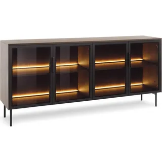 Sideboard Kommode LUMI 181 cm Eiche Dunin 4 Glastüren braunes Antisol-Glas LED Loft Modern - Braun, Schwarz