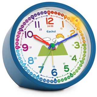 Eachui Analog Wecker Kinder ohne Ticken für Jungen und Mädchen - Analog Quarzwecker mit Nachtlicht, Snooze und Batteriebetrieben Lernwecker, einfach einzustellen(Blau)