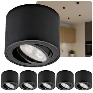 Sweet Led 6x Aufbauspot Schwarz Flach Ø80x50mm Aluminium – inkl. Wechselbares (5W Warmweiß 3000K) 230V LED-Modul– Aufputz schwenkbar - Deckenspots, Aufbaustrahler, Deckenstrahler