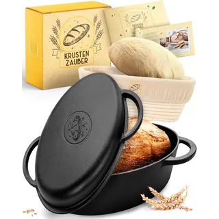 KRUSTENZAUBER 34cm Gusseisen Bräter mit Deckel backofengeeignet inkl. Gärkorb - ovaler Gusseisen Topf Brot Backen - Ideal als Ofenform, Bräter Induktion, Brotbacktopf, Brot Backen Zubehör