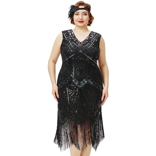 BABEYOND Damen Flapper-Kleid, Übergröße, 1920er-Jahre, V-Ausschnitt, Perlen, Fransen, Great Gatsby Kleid, Glam Black, XXXXXL