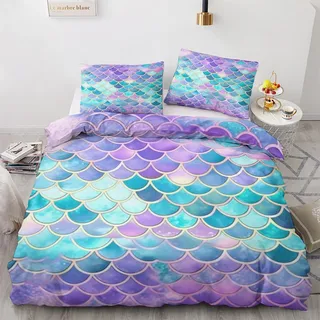 GEDAEUBA Meerjungfrauen Fischschuppen Bettwäsche 140x200 - Mädchen Bettbezug 140x200 2er Set, Wendebettwäsche und Kissenbezug 70x90, Weiche & Angenehme Mikrofaser Bettwäsche-Sets mit Reißverschluss