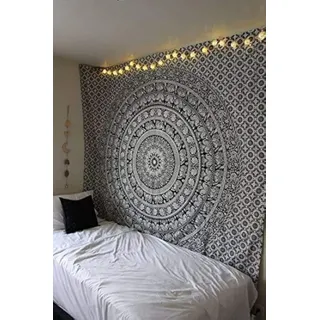 Craftozone Wandteppich/Tagesdecke im Hippie/Boho-Stil, indisches Mandala-Design mit Elefantenmotiv, Schwarz/Weiß, blau, Double (240x210cms)