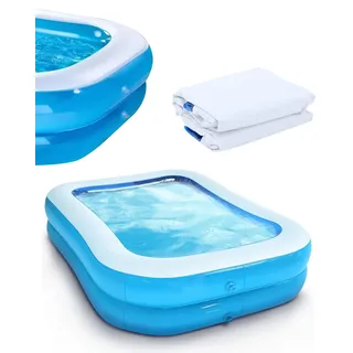 Aufblasbares Planschbecken für Kinder, 2 Ringe Family Pool Swimmingpool, PVC Aufblasbarer Pool Rechteckig, Klappbarer Kinderplanschbecke für Gärten, Hinterhof, Sommer-Wasserspiel, 200 × 150× 50cm
