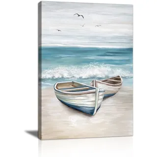 Blau Ozean Boot Möwe Leinwand Bilder mit Rahmen Blau Weiß Meer Wandbilder Sand Strand Küste Bild Auf Leinwand Leinwandbilder Deko Wanddekoration für Badezimmer Schlafzimmer Wohnzimmer Büro 30X40cm