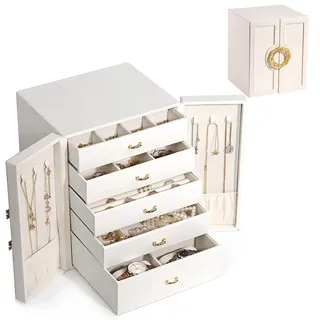 Schmuckschatulle,Schmuckkasten Groß,Fünf Ebenen Doppeltür Schmuckbox Aufbewahrungskoffer,Jewelry Box für Ohrringe,Halsketten,Armbänder,Ringe,Uhren,Schmuckhalter,weiß