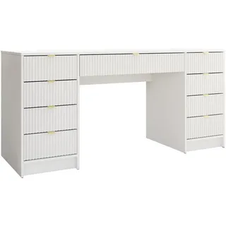 Mirjan24 Schreibtisch Tireno Bis, Schlafzimmer Kosmetiktisch mit neun Schubladen, Goldfarben Aluminiumgriffe (Farbe: Weiß Velvet) - Weiß