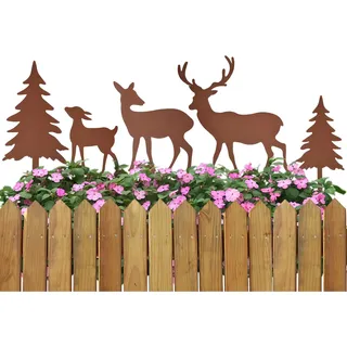 SKIPTHYBER Gartenstecker Hirsch Deko, 5er Roststecker Hirsch Weihnachten Garten Deko Rehe und Hirsche mit 2 Tannen Set Metall REH Weihnachtsdeko Gartendeko Landhausstil Frühlingsdeko Outdoor