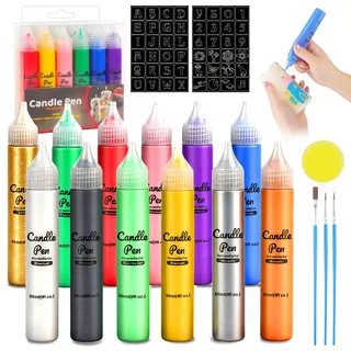 YAOBLUESEA 12 Stück Kerzen Bemalen Set, Wachsstifte für Kerzen, 30 ML Taufkerze Basteln Set Wachsstifte 4 Farbeffekte DIY Personalisieren Mit 3 Pinseln Für Holz Keramik Glas