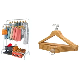 PORTENTUM Kleiderständer Stabil aus Stahl Weiß mit Rollen und Doppelstange + 10 Kleiderbügel aus Holz Naturfarben mit Drehhaken | Premium-Lösung für Aufbewahrung und Stil