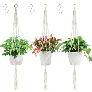PlsMupn 3 Stück Makramee Blumenampel 105cm, Blumenampel Hängend Innen mit 3 Haken, Pflanzenhänger Blumentöpfe, Boho Hängepflanzen Topf, Baumwollseil Hängeampel für Decken, Balkone, Fenster, Garten