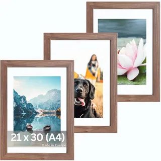 VictoR Bilderrahmen Passepartout Richter braun 3er Set 21x30 cm (A4) | 15x21 (A5) Passepartout - Fotorahmen Holz - Leiste: 25x20mm - Bilderrahmen Set A4 braun