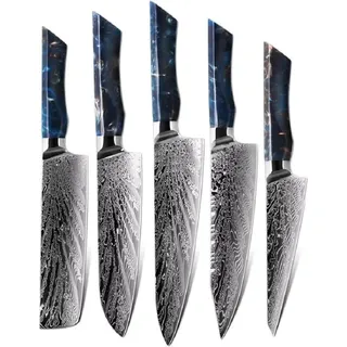 Set von Damast Küchenmessern Seiryuu – Blau | 5-teiliges Messerset KP37606 - Blau, Braun