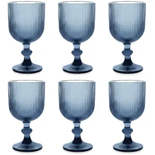 GMMH 6er-Set Geriffelte Trinkgläser und Weingläser, Line, Linie Geriffelt, Ribbed, Glas, Longdrinkgläser, Cocktail Gläser mit Prägung, Trinkglas, Weinglas, Wasserglas (Blau Weinglas)