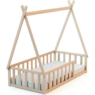 WEBABY - Bodenbett Babybett Holz 70 x 140 cm Buche Natur | Gitterbett mit Lattenrost inklusive | Schlafkomfort | Autonomie | MassivHolz | Cabane - Braun