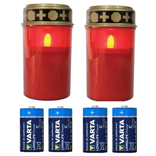 Fachhandel Plus LED-Grablicht Ewiges Licht Grabkerze 2er Set mit Varta Alkaline Flackereffekt wie bei einer echten Kerze