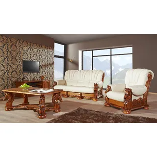 Klassische Sofagarnitur Couch Polster Sitz Garnitur Sofa Leder Holz 3+2+1 Set - Weiß
