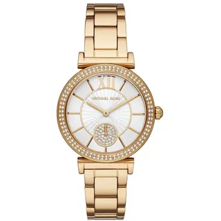 Michael Kors Damen Quartz Armbanduhr, 36.00mm Gehäusegröße mit weiß analog Zifferblatt und Gold Metallarmband Armband MK4615