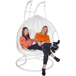 Hängesessel Hängekorb Poly Rattan mit Gestell 2-Sitzer Schaukel Korb Sitzkissen - Weiß, Gelb