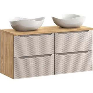 Badezimmerschrank 120 cm mit Arbeitsplatte und 2 Waschbecken - Eiche geölt / 3D beige