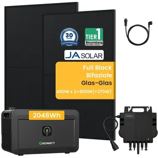 Powerness Balkonkraftwerk mit Speicher, Growatt NOAH 2000 Speicher mit 900W JA Solar Bifazial Solarmodule und Growatt NEO-800M-X Mikrowechselrichter