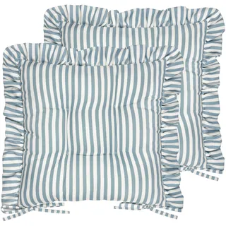 Wylder Millie Ruffle Sitzkissen – 2 Pack – Gestreifte Sitzkissen Für Terrassenstühle Außenbereich Mit Bändern (Blau – 40x40cm)